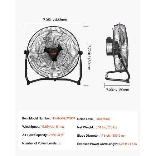 Floor Fan 3 Speeds High Velocity Heavy Duty 14 Inch Industrial Fan 2560