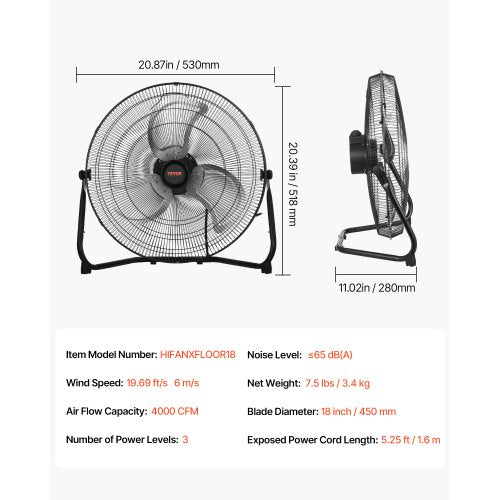 Floor Fan 3 Speeds High Velocity Heavy Duty 18 Inch Industrial Fan 4000