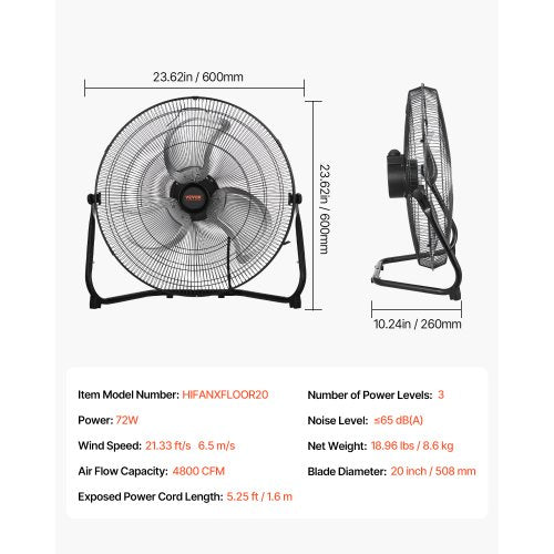 Floor Fan 3 Speeds High Velocity Heavy Duty 20 Inch Industrial Fan 4800