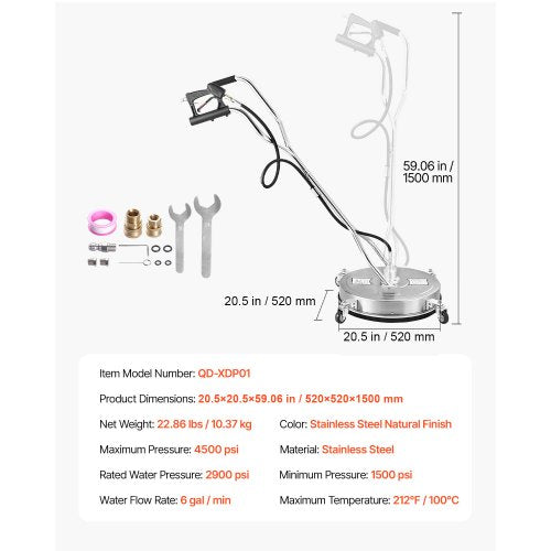 20 Pressure Washer Surface Cleaner 4 Wheels Dual Handle 4500 Max PSI
