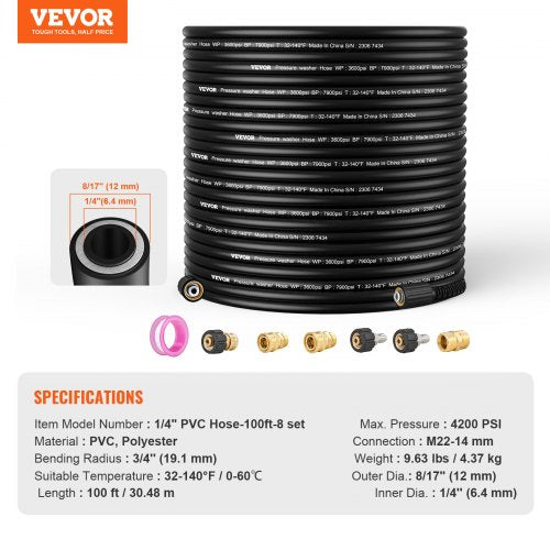 Pressure Washer Hose 100FT 14 Kink Free M2214mm Brass Thread