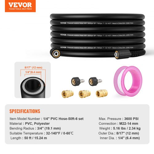 Pressure Washer Hose 50 FT 14 Kink Free M2214mm Brass Thread
