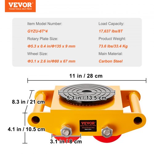4PCS Machinery Skate Dolly 17637 LBS8T Industrial Machinery Mover Heavy