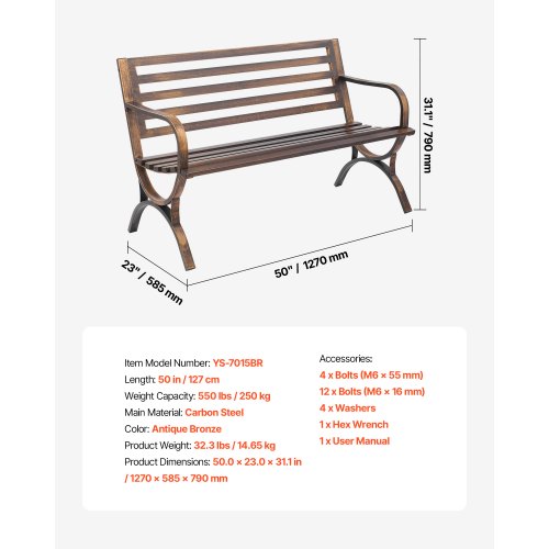 Outdoor Bench 50 Inch Carbon Steel Metal Frame With Slatted Pattern Backrest