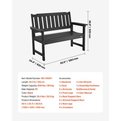 Outdoor Bench 50.5 Inch 800 Lbs Weight Capacity For 23 Persons Weatherproof