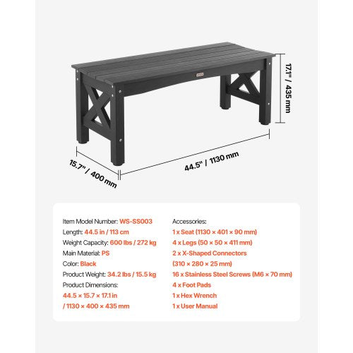 Outdoor Bench 44.5 Inch 600 Lbs Weight Capacity Weatherproof Plastic Frame With
