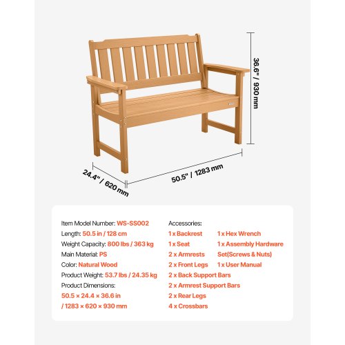 Outdoor Bench 50.5 Inch 800 Lbs Weight Capacity For 23 Persons Weatherproof 64 7