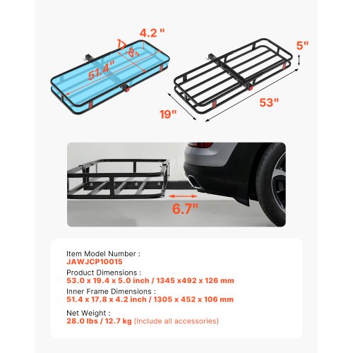 53 x 19 x 5 Hitch Cargo Carrier 500 lbs Capacity Hitch Cargo Carrier
