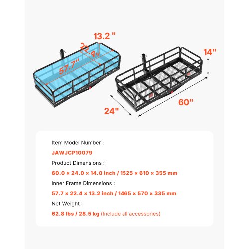 60 x 24 x 14 Hitch Cargo Carrier 500 lbs Capacity Hitch Cargo Carrier