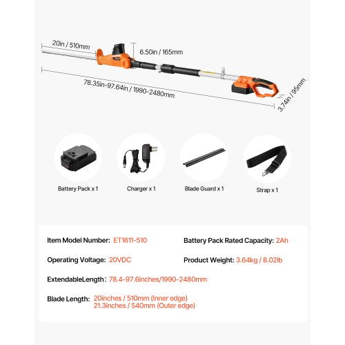 Electric Hedge Trimmer 1200 RPM 62 – 7.8 Ft Extendable Pole Hedge