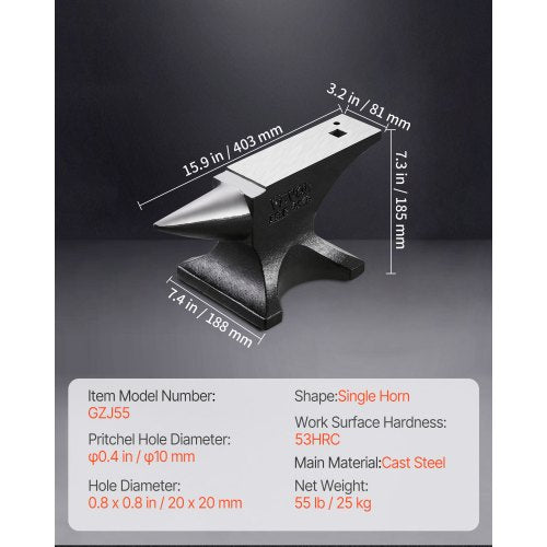 Single Horn Anvil 55lbs Cast Steel Anvil High Hardness Rugged Round Horn