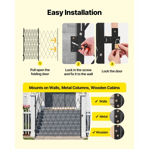 Single Folding Security Gate Lockable Scissor With 360 Swivel Casters Outdoor lb
