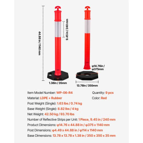 9 Pack Traffic Delineator Posts 48 Inches Safety Cones With Weighted Base And