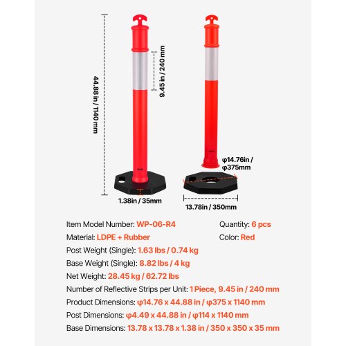 6 Pack Traffic Delineator Posts 48 Inches Safety Cones With Weighted Base And