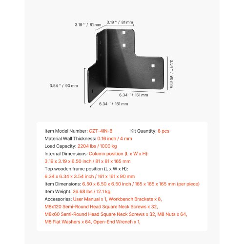 Workbench Corner Bracket Kit 650 x 650 x 650 inch 165 x 165 x 165 mm