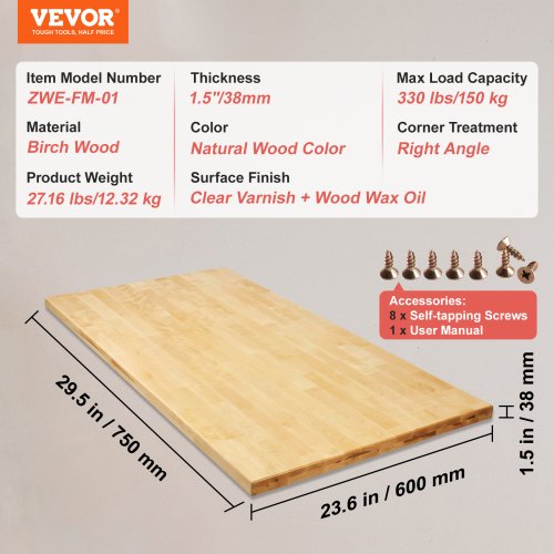 Wood Table Top Holds up to 330 lb 295 x 236 x 15 Rectangular