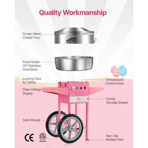 Electric Cotton Candy Machine With Cart 1000W Commercial Floss Maker 20.5 In lb