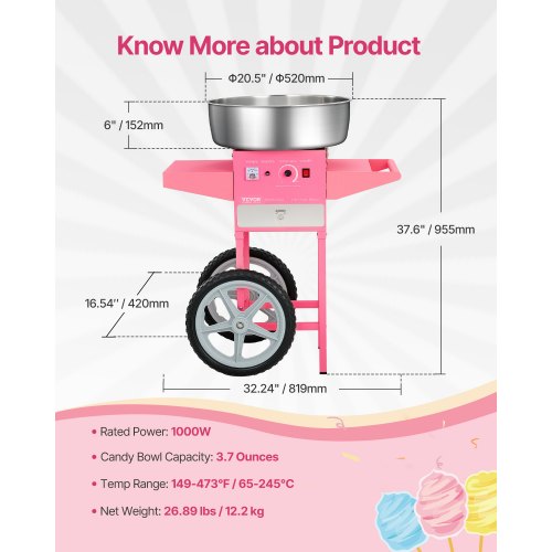 Electric Cotton Candy Machine With Cart 1000W Commercial Floss Maker 20.5 In lb
