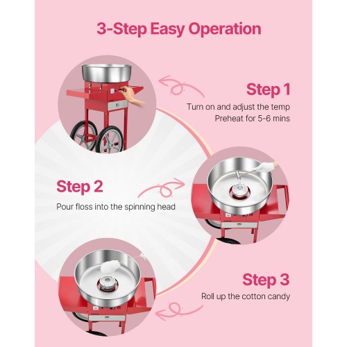 Electric Cotton Candy Machine With Cart 1000W Commercial Floss Maker 20.5 In