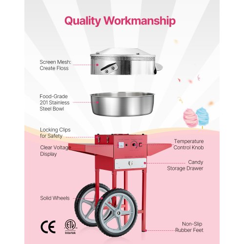 Electric Cotton Candy Machine With Cart 1000W Commercial Floss Maker 20.5 In