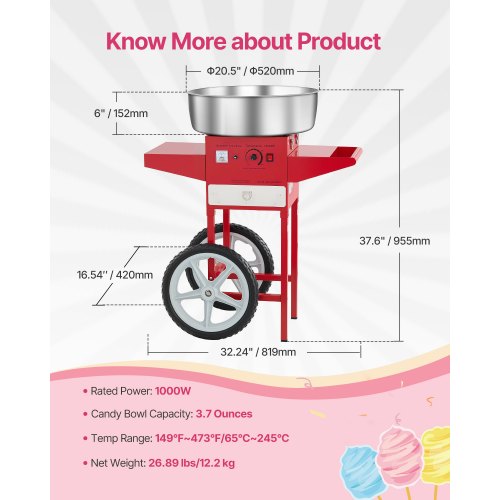 Electric Cotton Candy Machine With Cart 1000W Commercial Floss Maker 20.5 In