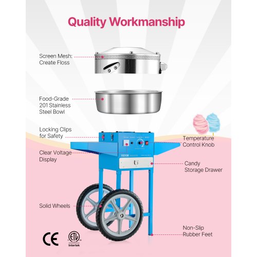 Electric Cotton Candy Machine With Cart 1000W Commercial Floss Maker 20.5 In 33 3