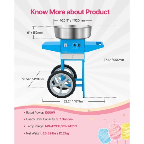 Electric Cotton Candy Machine With Cart 1000W Commercial Floss Maker 20.5 In 33 3