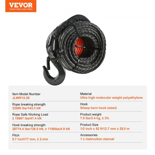 Synthetic Winch Rope 1/2 Inch x 92 Feet 32000 lbs Synthetic Winch Line