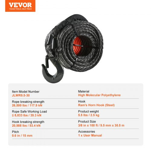 Synthetic Winch Rope 38 Inch x 100 Feet 26500 lbs Synthetic Winch Line