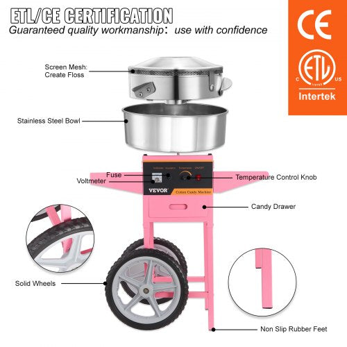 Electric Cotton Candy Machine With Cart 1000W Commercial Floss Maker Stainless