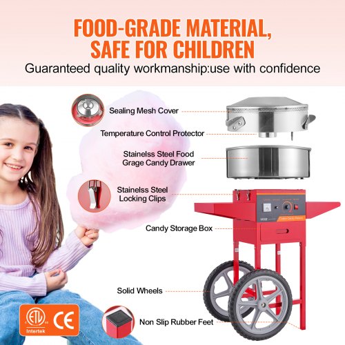 Electric Cotton Candy Machine With Cart 1000W Commercial Floss Maker Stainless a