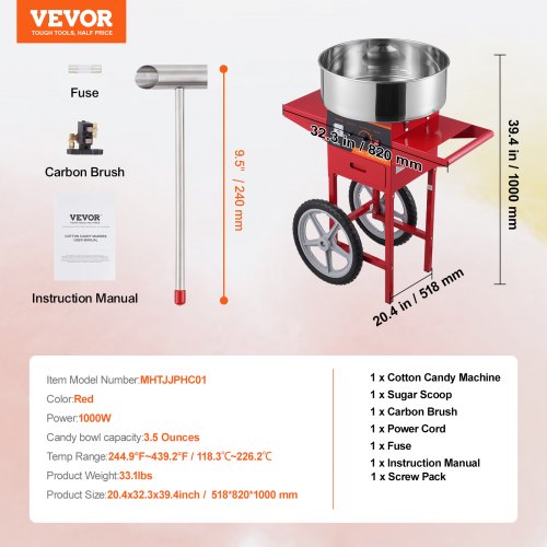 Electric Cotton Candy Machine With Cart 1000W Commercial Floss Maker Stainless a