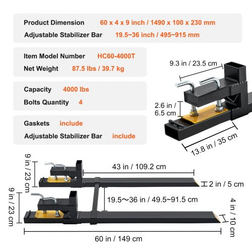 Pallet Forks 4000 Lbs Clamp On 60 Total Length Heavy Duty With Adjustable