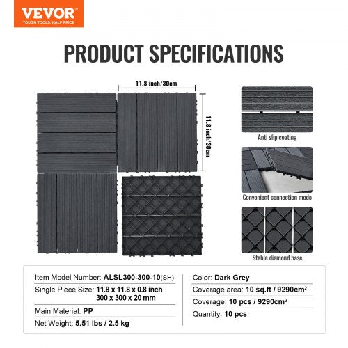 Interlocking Deck Tiles 10 Pack 12x12 Plastic for Porch Dark Grey – 51 L