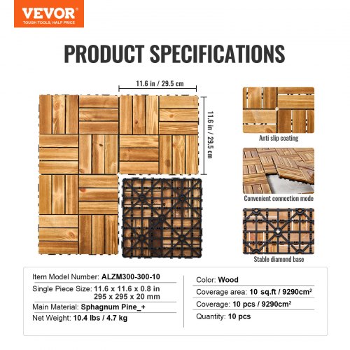 Interlocking Deck Tiles Solid Wood 10 Pack12x12 Waterproof Camphor Pine