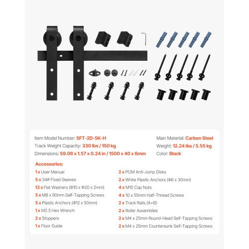 5FT Sliding Barn Door Hardware Kit 330 LBS Weight Capacity Compatible with 30