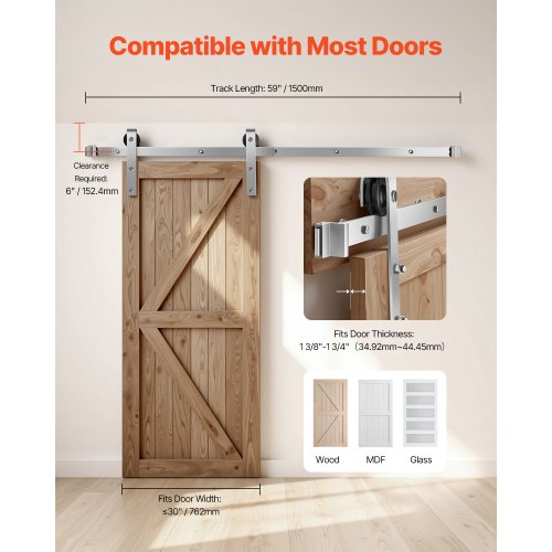 5FT Sliding Barn Door Hardware Kit 330 LBS Weight Capacity Compatible with 30