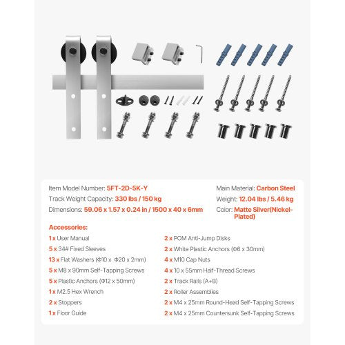 5FT Sliding Barn Door Hardware Kit 330 LBS Weight Capacity Compatible with 30