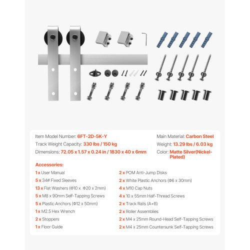6FT Sliding Barn Door Hardware Kit 330 LBS Weight Capacity Compatible with 36