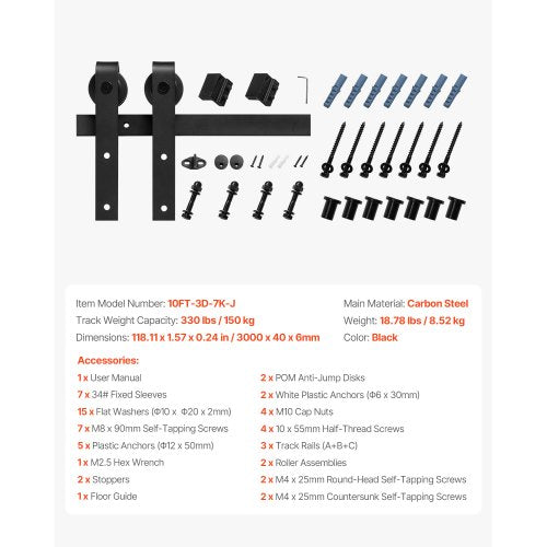 10FT Sliding Barn Door Hardware Kit 330 LBS Weight Capacity Compatible