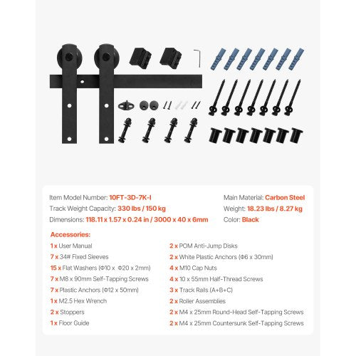 10FT Sliding Barn Door Hardware Kit 330 LBS Weight Capacity Compatible