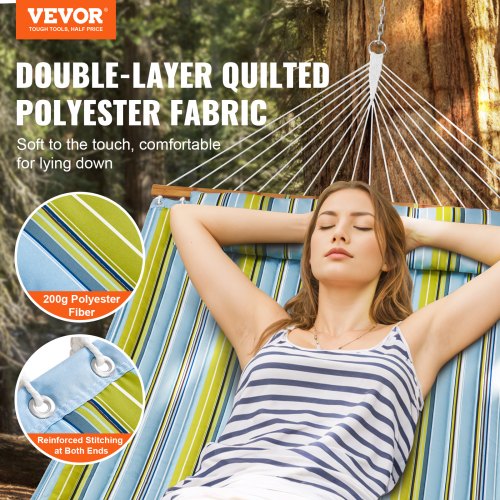 Double Quilted Fabric Hammock 12 FT Double Hammock with Hardwood Spreader