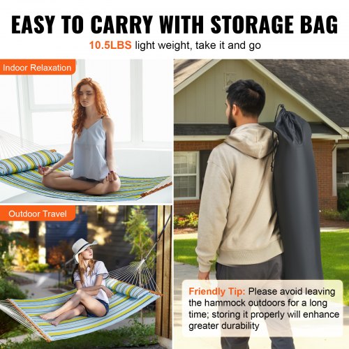 Double Quilted Fabric Hammock 12 FT Double Hammock with Hardwood Spreader