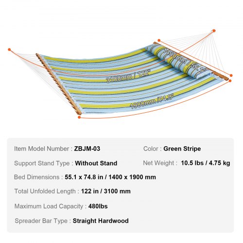 Double Quilted Fabric Hammock 12 FT Double Hammock with Hardwood Spreader