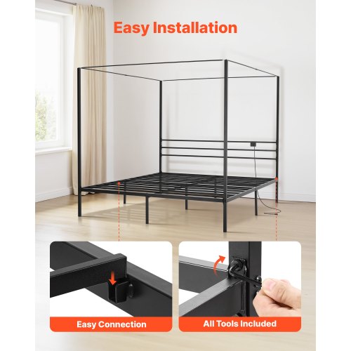 King Size Canopy Bed Frame Metal With Charging Station And Four Posters Design