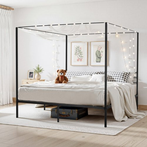 King Size Canopy Bed Frame Metal With Charging Station And Four Posters Design