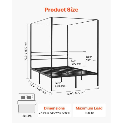 Full Size Canopy Bed Frame Metal With Four Posters Design Heavy Duty Steel