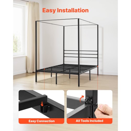 Full Size Canopy Bed Frame Metal With Four Posters Design Heavy Duty Steel