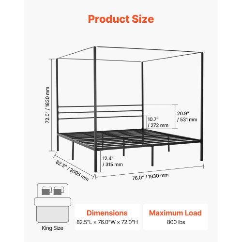 King Size Canopy Bed Frame Metal With Four Posters Design Heavy Duty Steel