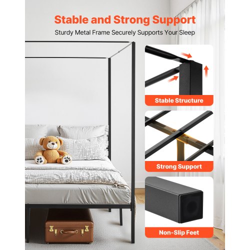 King Size Canopy Bed Frame Metal With Four Posters Design Heavy Duty Steel